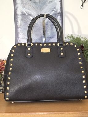 Michael Kors Sandrine Studded Satchel in Black Saffiano Leather w/ Gold Hardware
